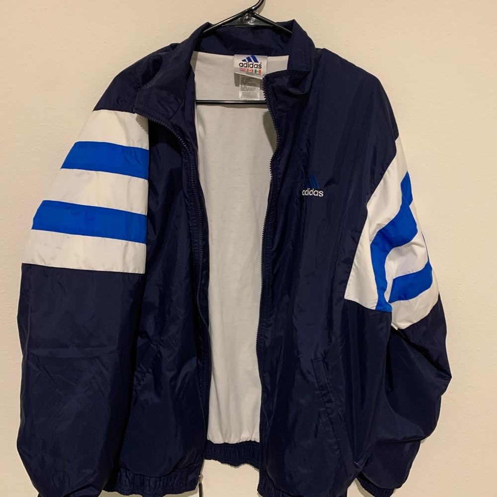 Vintage Adidas Mens Large Spell Out Striped Lined Windbreaker Jacket Blue, 90s